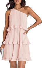 Robe décontractée pour femme, à une épaule dénudée, ourlet à volants superposés, couleur unie simple, taille haute confortable, pour l'été et la rue