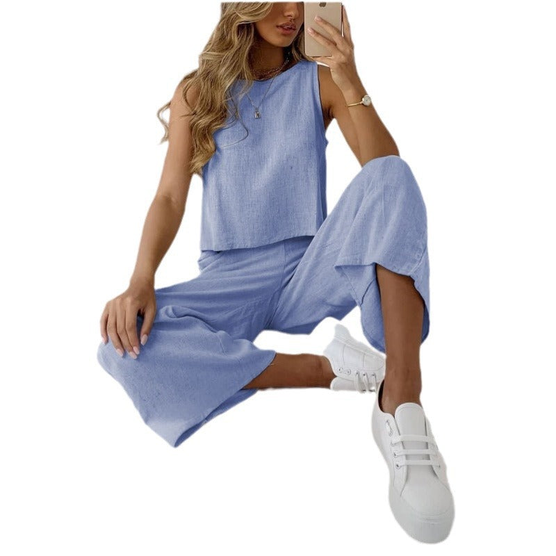 Ensemble deux pièces sans manches pour femme en coton et lin, chemise et pantalon large court