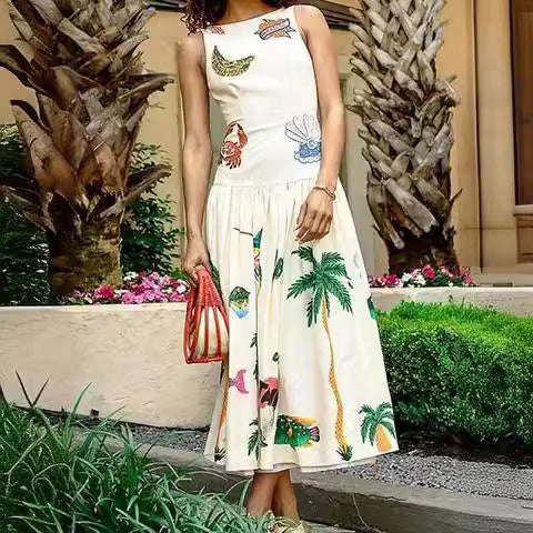 Robe sans manches à col bateau, imprimée et dos nu Hover Image