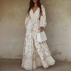 Robe longue élégante à col en V creux pour femme, robe longue à manches longues avec imprimé pour le printemps et l'été, robe à manches longues à col en V.