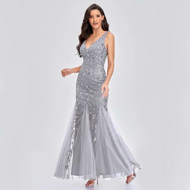 Longue Robe Sexy Sans Manches Col en V Broderie Paillettes Coupe Sirène Hover Image