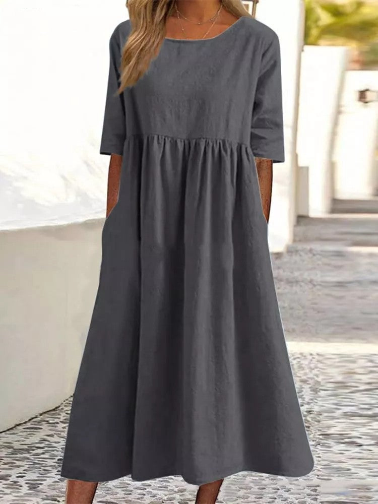 Robe décontractée en coton et lin à manches courtes et poches pour femme