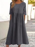 Robe décontractée en coton et lin à manches courtes et poches pour femme