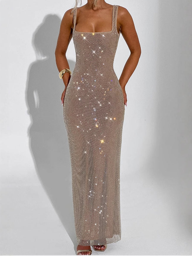 Robe à bretelles scintillantes en maille et sequins avec double bretelle Main Image