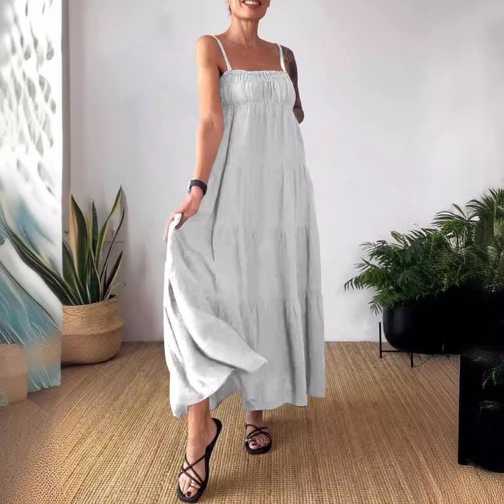 Robe plissée à bretelles et bustier unie décontractée pour femme