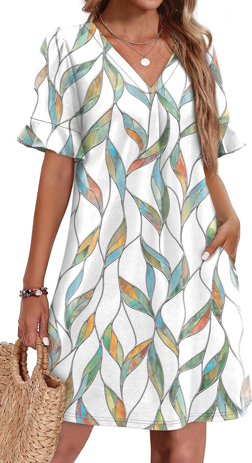 Robe élégante à col en V à volants pour femme avec poches
