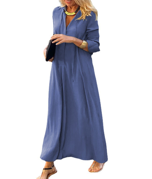Robe Chemise à Manches Longues Tendance Ample Col V Robes Longues Vêtements Printemps et Automne Pour Femmes Main Image