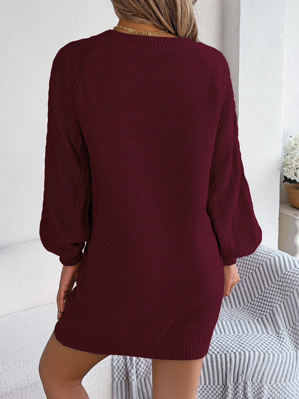 Robe Pull Femme Tricoté Torsadé Couleur Unie Manches Lanternes Resserrées