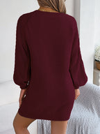 Robe Pull Femme Tricoté Torsadé Couleur Unie Manches Lanternes Resserrées