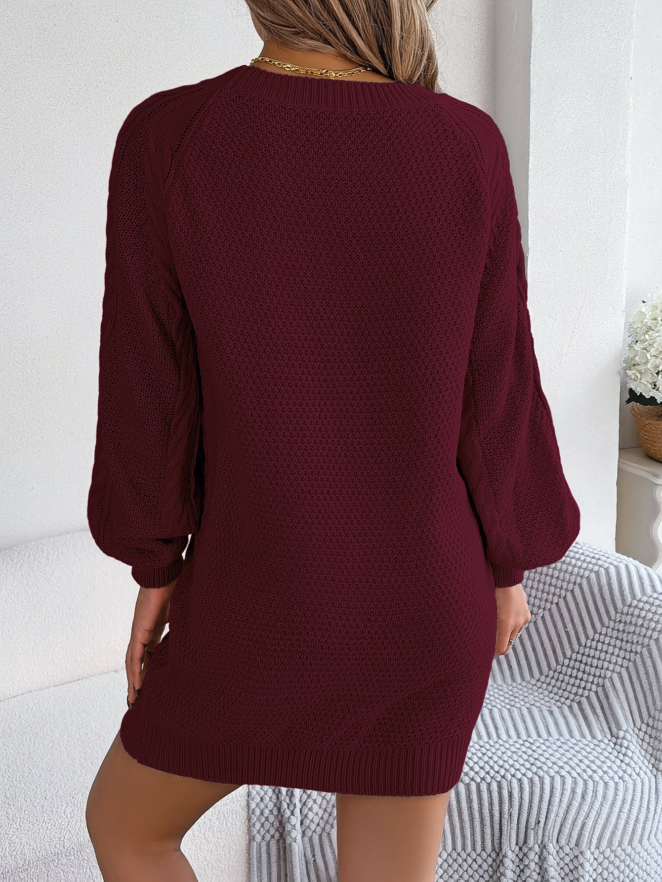 Robe Pull Femme Tricoté Torsadé Couleur Unie Manches Lanternes Resserrées