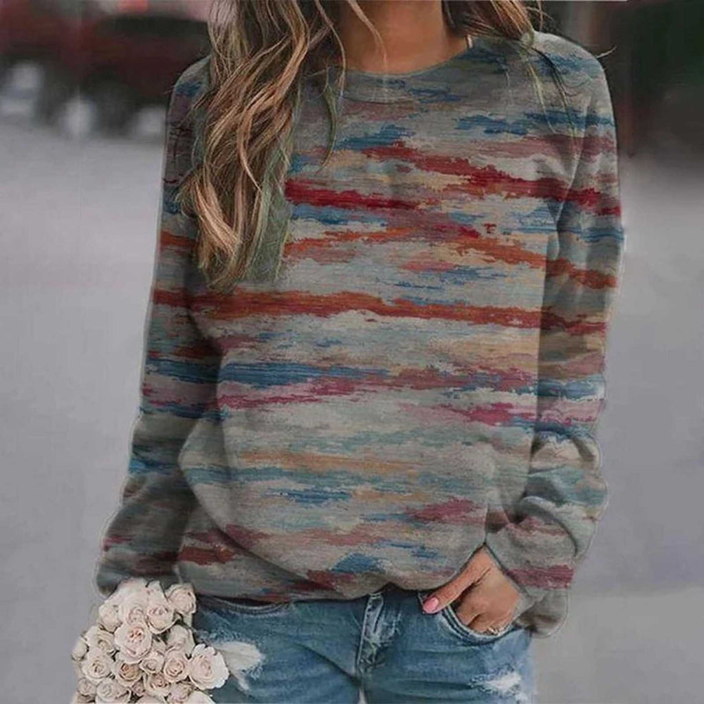 Sweat-shirts décontractés à imprimé pour femmes, t-shirts thermiques à col rond et manches longues, haut court ample, poleras de mujer style bohème et indépendant