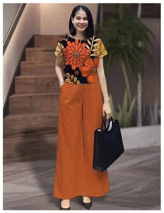 Ensemble Deux Pièces Été Transfrontalier Mode Couleur Unie Grande Taille Ample Manches Courtes Imprimé Pantalon Main Image