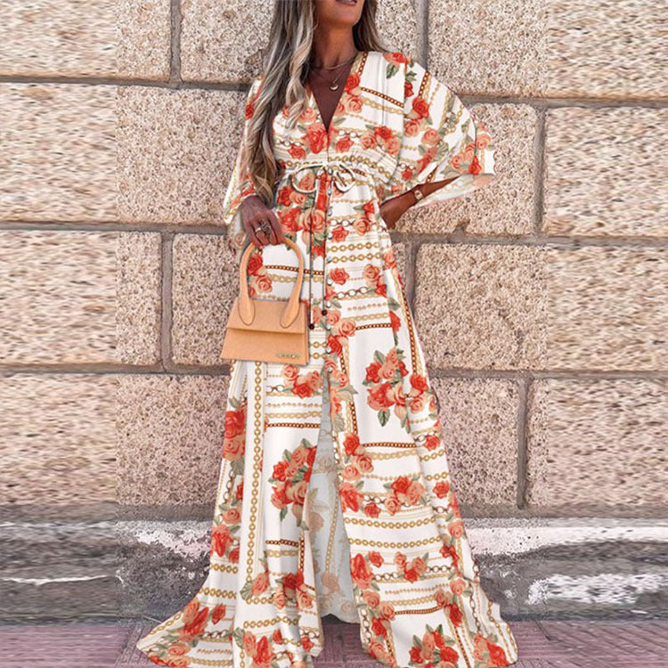 Robe longue sexy de plage asymétrique à col en V fendu
