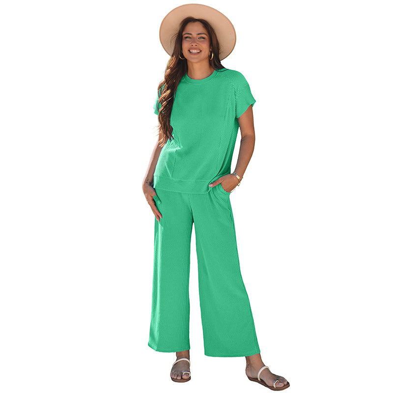 Ensemble deux pièces femme couleur unie manches courtes tricot ample décontracté