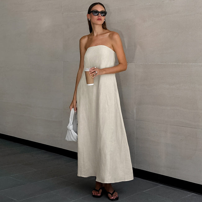 Robe taille haute de style vacances en coton et lin kaki, style français, avec haut tube Hover Image