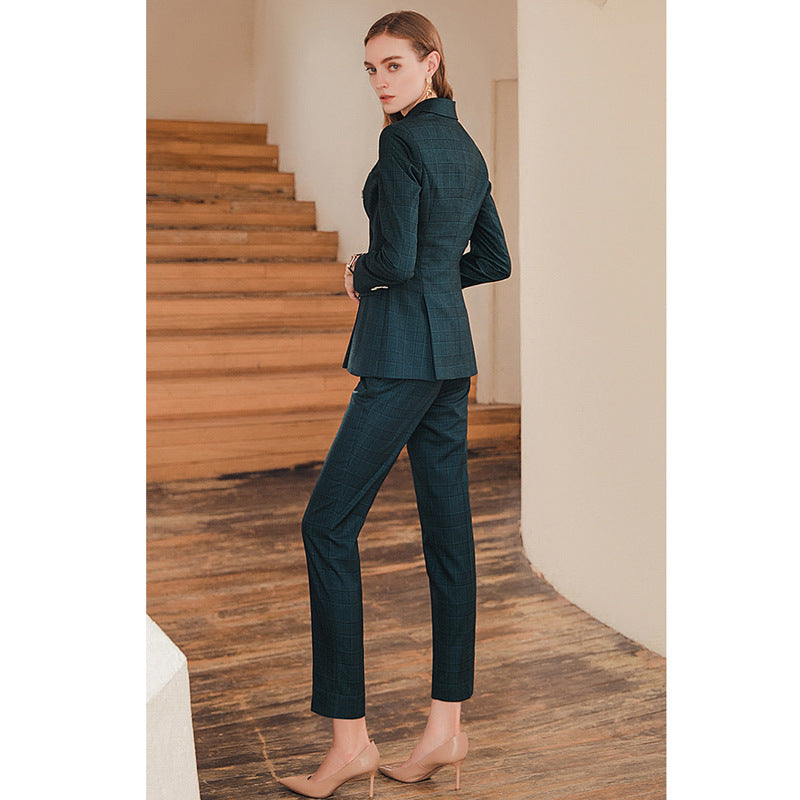 High-end Professional Dark Green Plaid Suit Set