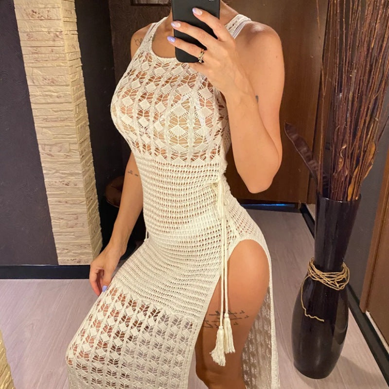 Robe chemisier de bikini à pampilles sans manches et à col rond de couleur unie évidée pour femme