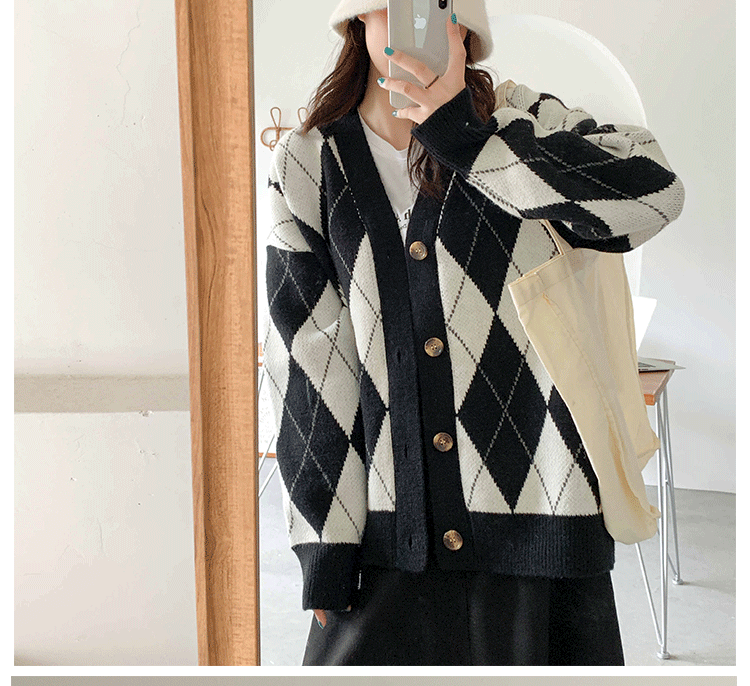 Cardigan en tricot de couleur contrastée avec motif losanges pour femme