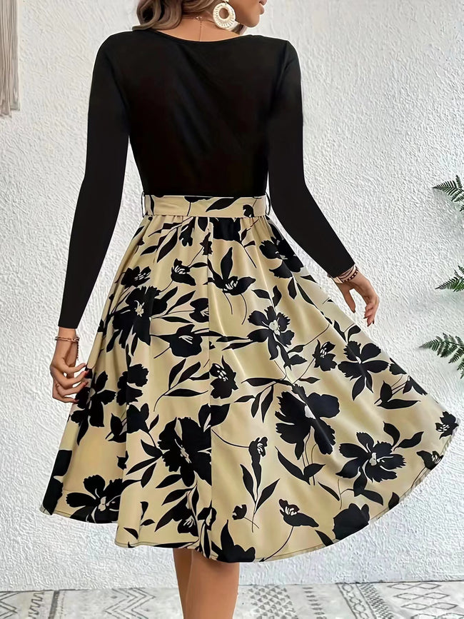 Robe à manches longues à imprimé floral, col rond, taille cintrée, vêtements pour femmes Main Image