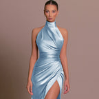 Robe longue satinée asymétrique à une épaule pour femme