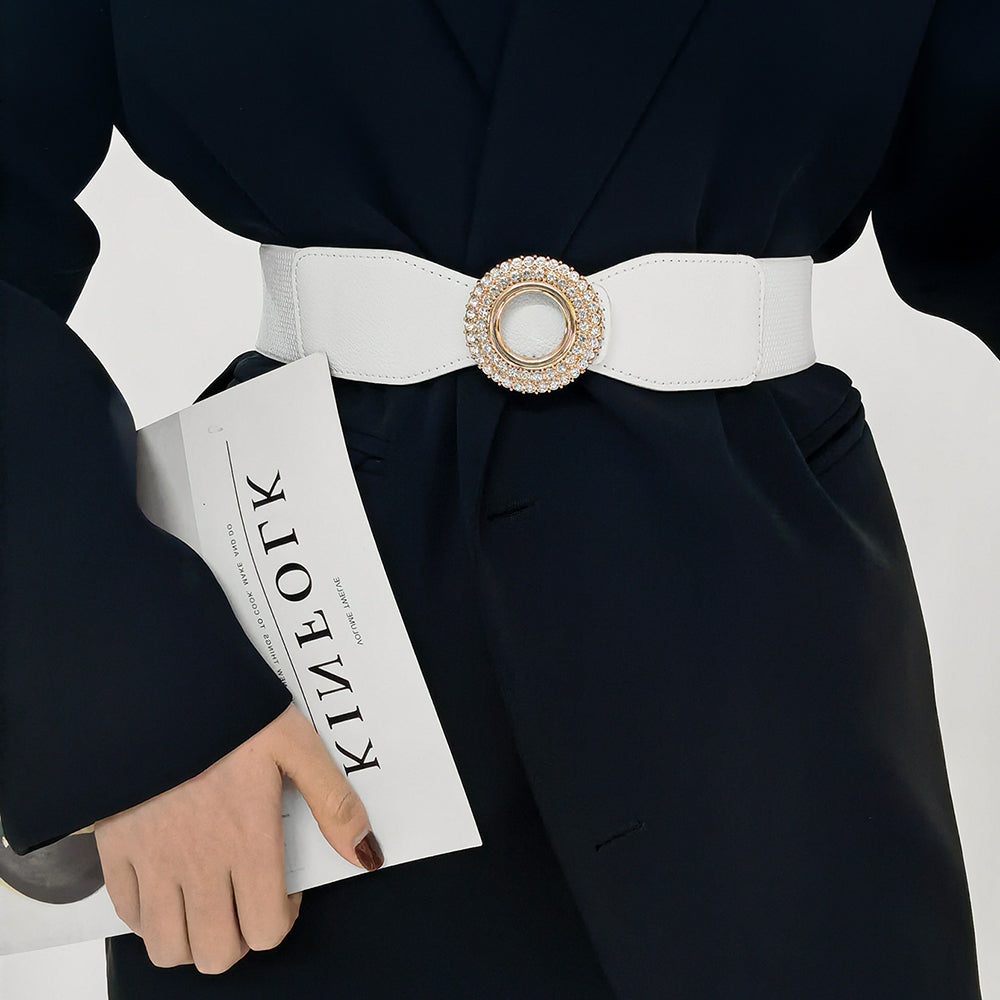 Nouvelle ceinture élastique incrustée de diamants et de strass pour femmes, ceinture de costume à boucle ronde simple pour jupe et chemise