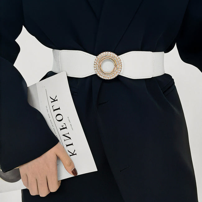 Nouvelle ceinture élastique incrustée de diamants et de strass pour femmes, ceinture de costume à boucle ronde simple pour jupe et chemise Hover Image
