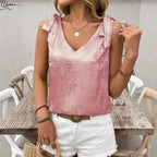 Camisole sans manches en dentelle avec nœud papillon et décolleté en V pour femme, avec détails dorés en relief