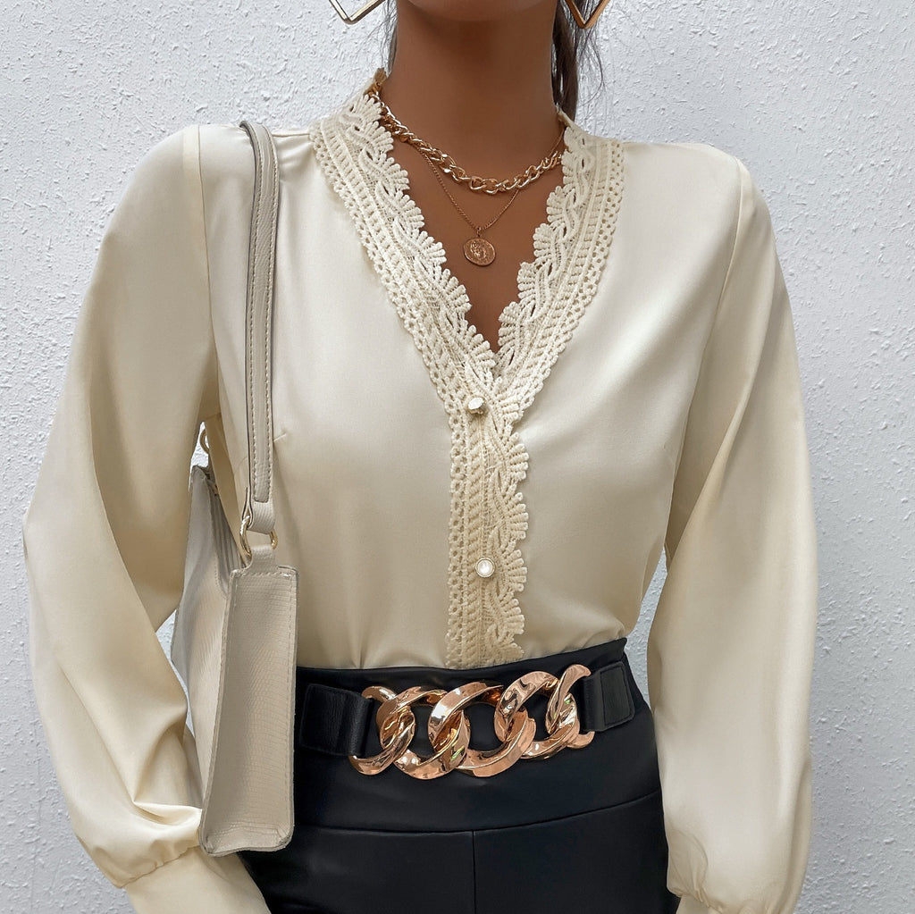 Chemisier femme élégant à col en V, coutures en dentelle cils