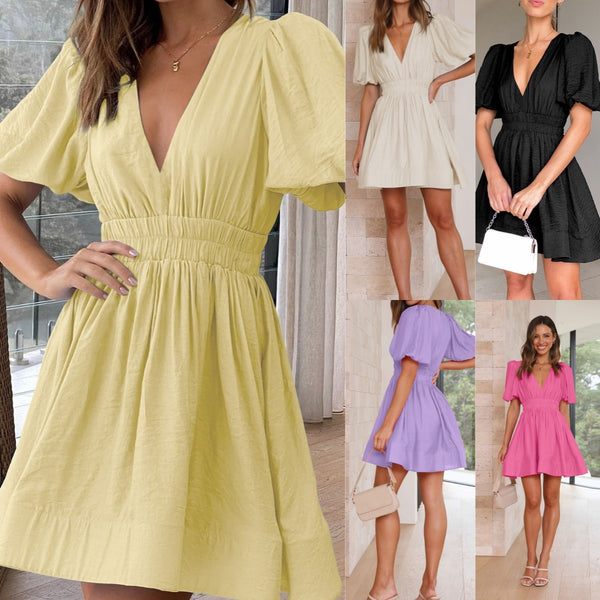 Robe élégante européenne et américaine, robe douce cintrée, robe à manches lanternes et col en V, robes d'été pour femmes, robe de soirée