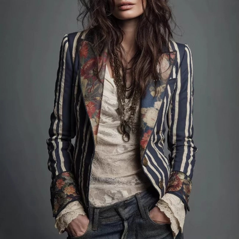 Blazer Bohème Rayé et Color-Block pour Femme
