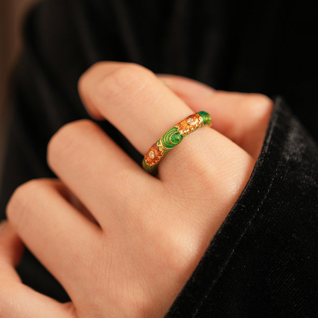 Bague florale vintage, émail vert, bague spectaculaire, perle diamant rétro, bague fleur pour femme, bijoux de mode Main Image