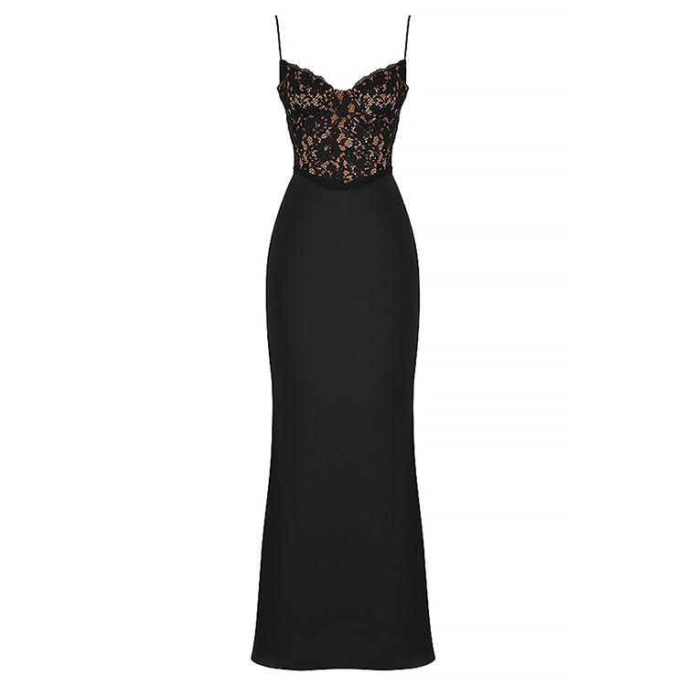 Robe longue à dentelle, taille haute, décolleté plongeant, dos nu, coupe sirène