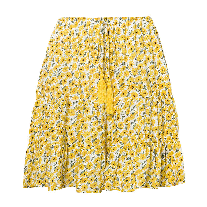 Jupe taille haute à volants imprimé petites marguerites