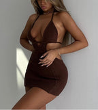 Nouvelle Robe Pull Tricotée Sexy Coupe Vent Fille Chaude Dos Nu Bretelles Halter Robe Courte