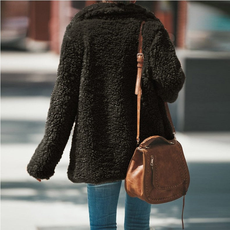 Manteau Femme Hiver à Revers Manches Longues en Fausse Fourrure Moelleuse