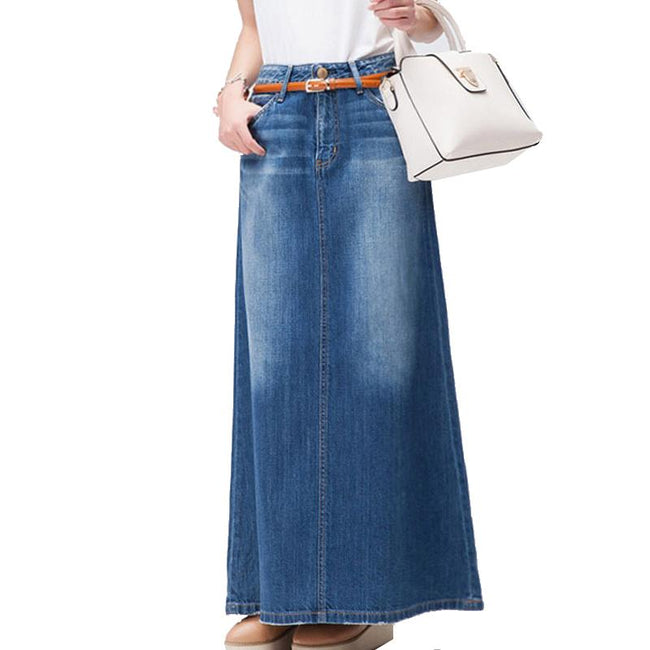 Jupe en jean trapèze mi-longue cheville pour femme Hover Image