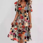 Robe d'été évasée à fleurs imprimées et col en V, à manches courtes pour femme