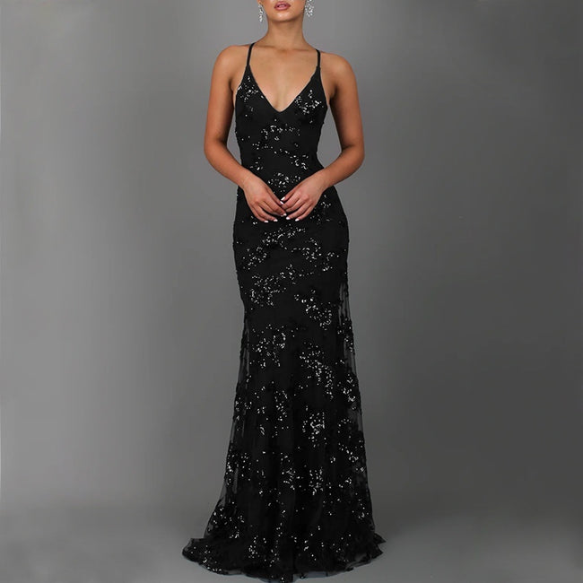 Dress V-neck Brace Backless Sequined Long Night Dresses High Waist Dance Wedding Prom Bridesmaid Maxi Hover Image