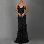 Dress V-neck Brace Backless Sequined Long Night Dresses High Waist Dance Wedding Prom Bridesmaid Maxi