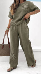 Ensemble 2 pièces femme Grande taille Brodé Survêtement de loisirs Taille haute Pantalon ample
