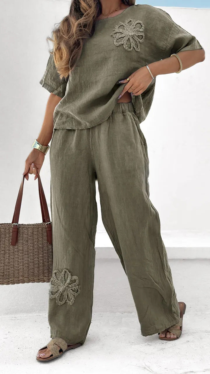 Ensemble 2 pièces femme Grande taille Brodé Survêtement de loisirs Taille haute Pantalon ample