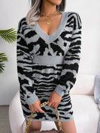 Robe pull froncée à imprimé tigre et manches lanternes pour femmes