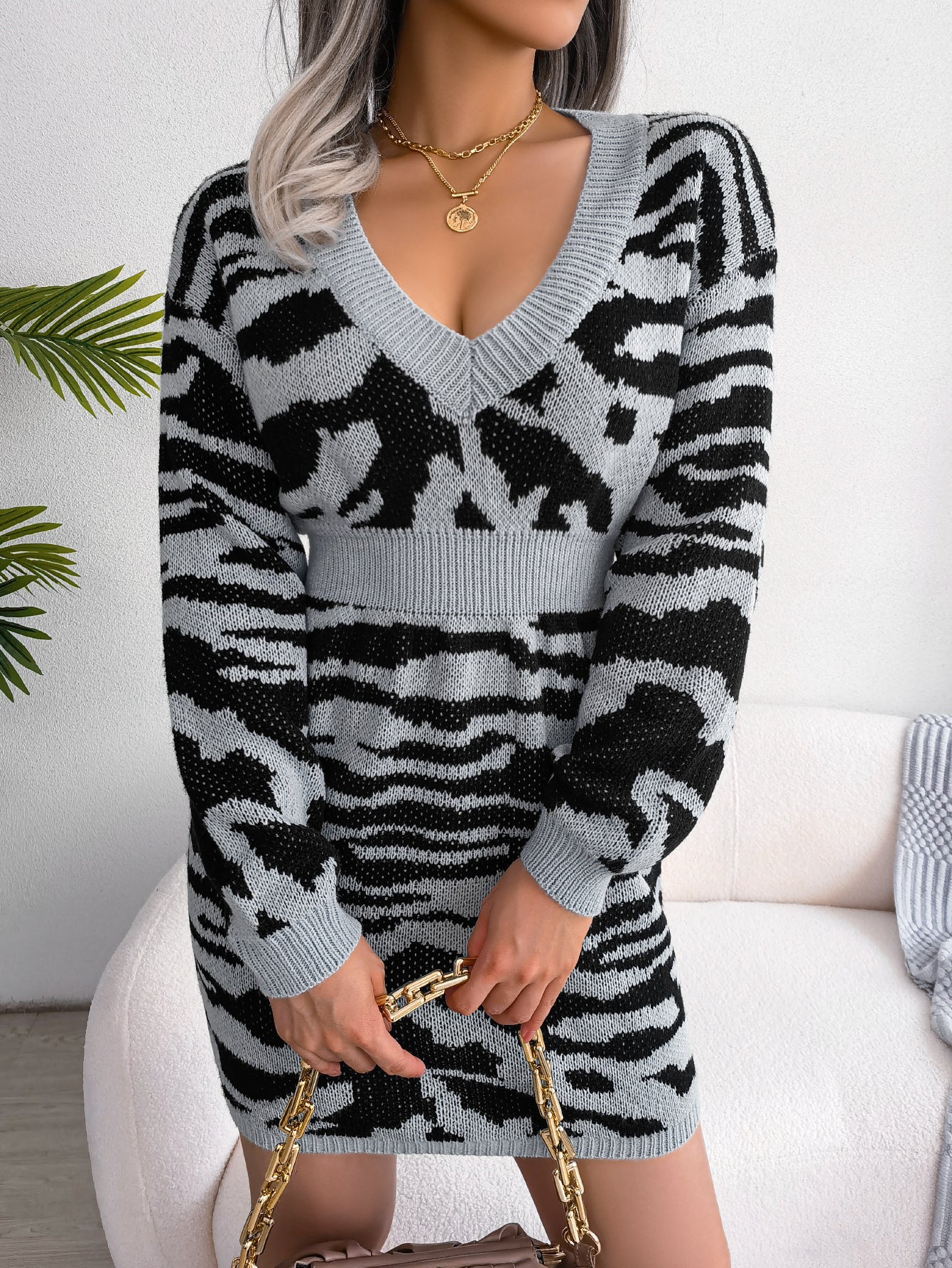 Robe pull froncée à imprimé tigre et manches lanternes pour femmes