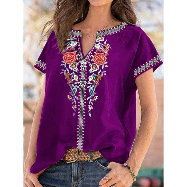 Haut T-shirt femme d'été à manches courtes imprimé ethnique