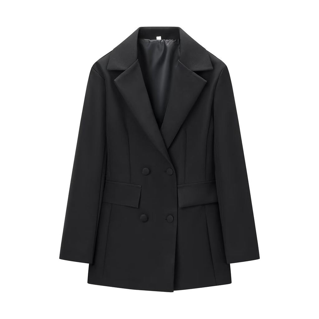 Blazer long ajusté style cache-cœur, à manches longues, taille marquée et basque pour femme