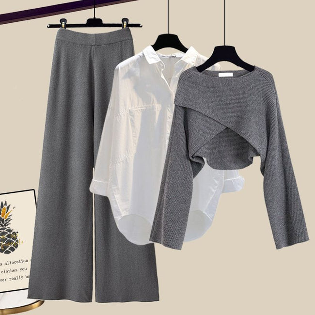 Ensemble trois pièces pull tricoté, chemise et pantalon large pour femme, collection automne-hiver Hover Image
