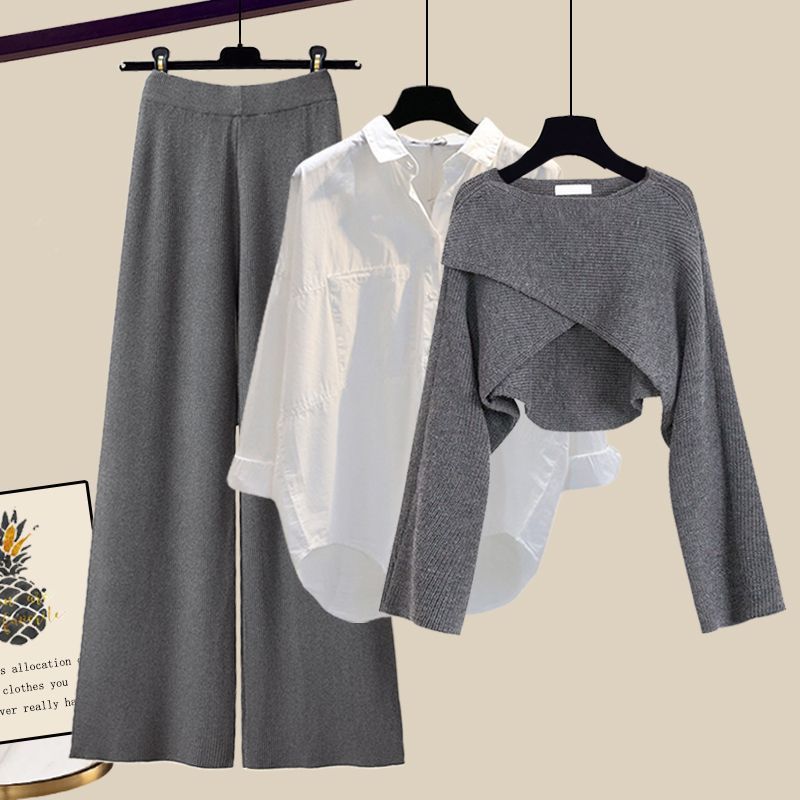 Ensemble trois pièces pull tricoté, chemise et pantalon large pour femme, collection automne-hiver