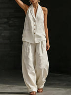 Wide-leg Pants Suit Womens Cotton-linen Fashionable Two-piece Set
