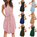 Robe Sans Manches Col V Boutonnée Avec Poches Robe D'été Décontractée À La Mode Avec Nœud À La Taille Vêtements Pour Femmes