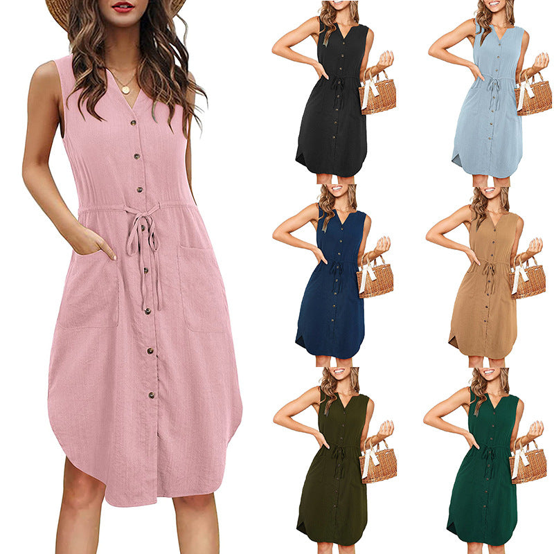 Robe Sans Manches Col V Boutonnée Avec Poches Robe D'été Décontractée À La Mode Avec Nœud À La Taille Vêtements Pour Femmes
